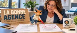 Directrice de clinique au Québec qui compare deux propositions d'agence marketing, Mini Froggy encercle 4 livrables au crayon rouge