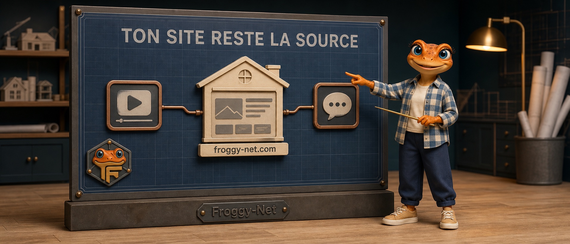 Mini Froggy, entièrement debout à côté d’un plan vertical, place le site web au centre d’un système relié à la vidéo et au contenu social.