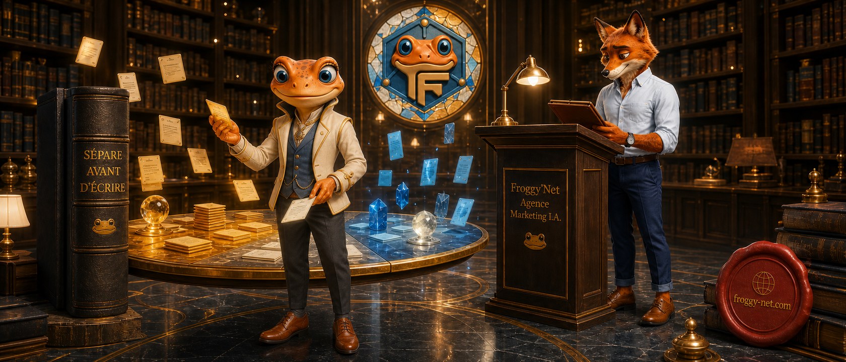 Mini Froggy et Félix séparent les faits, les inconnues et l’intention dans une bibliothèque imaginaire.
