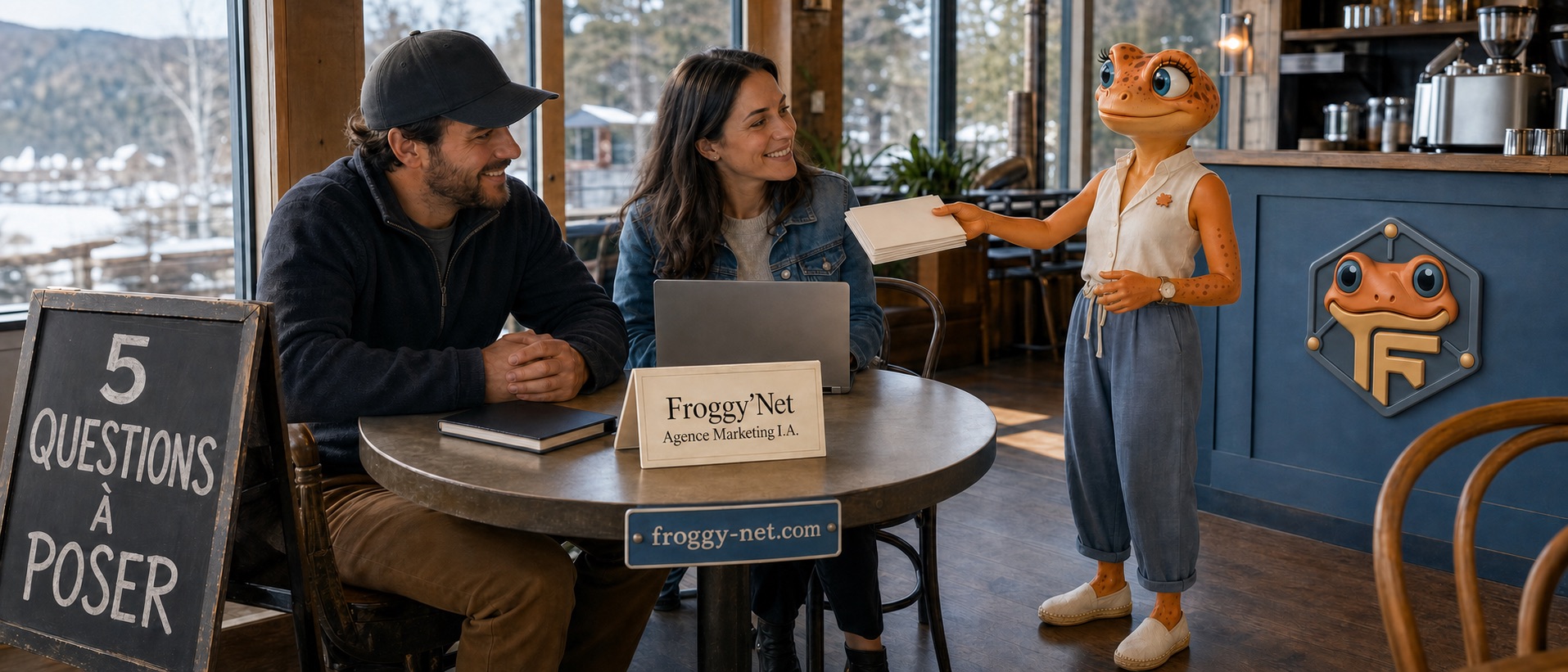 Discussion au café avec Mini Froggy pour choisir une agence de marketing IA au Québec.