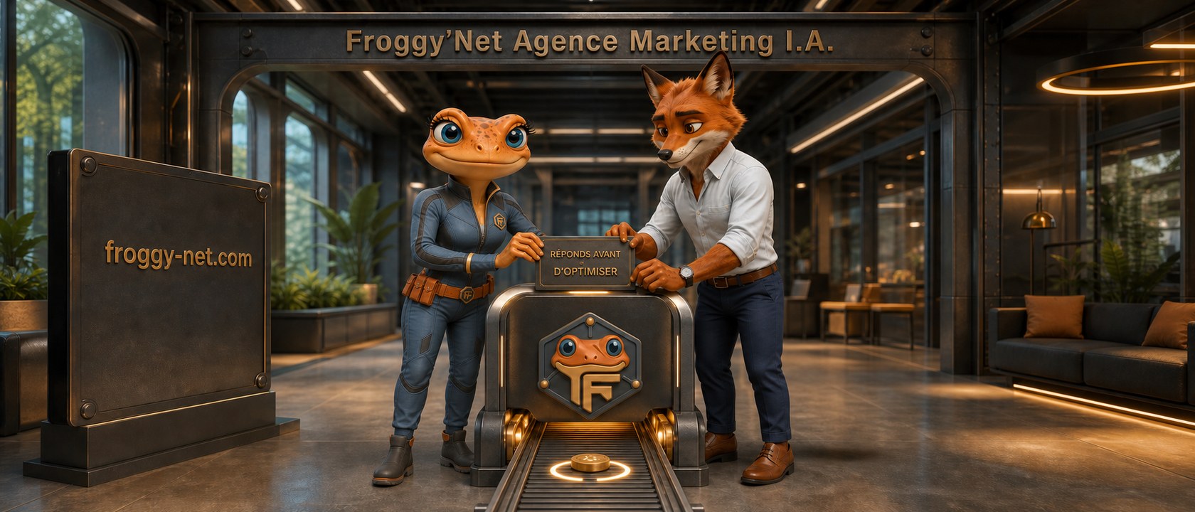 Mini Froggy et Félix placent la réponse utile avant le mot-clé dans un atelier futuriste.