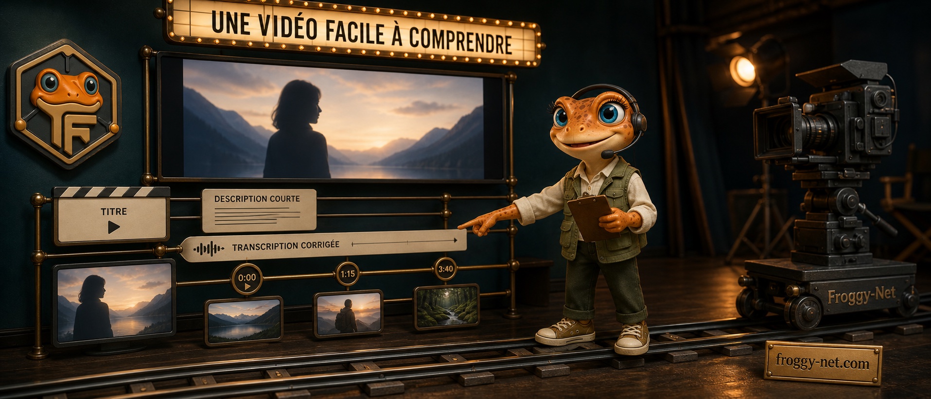 Mini Froggy prépare le titre, la description, le transcript et les chapitres d’une vidéo.