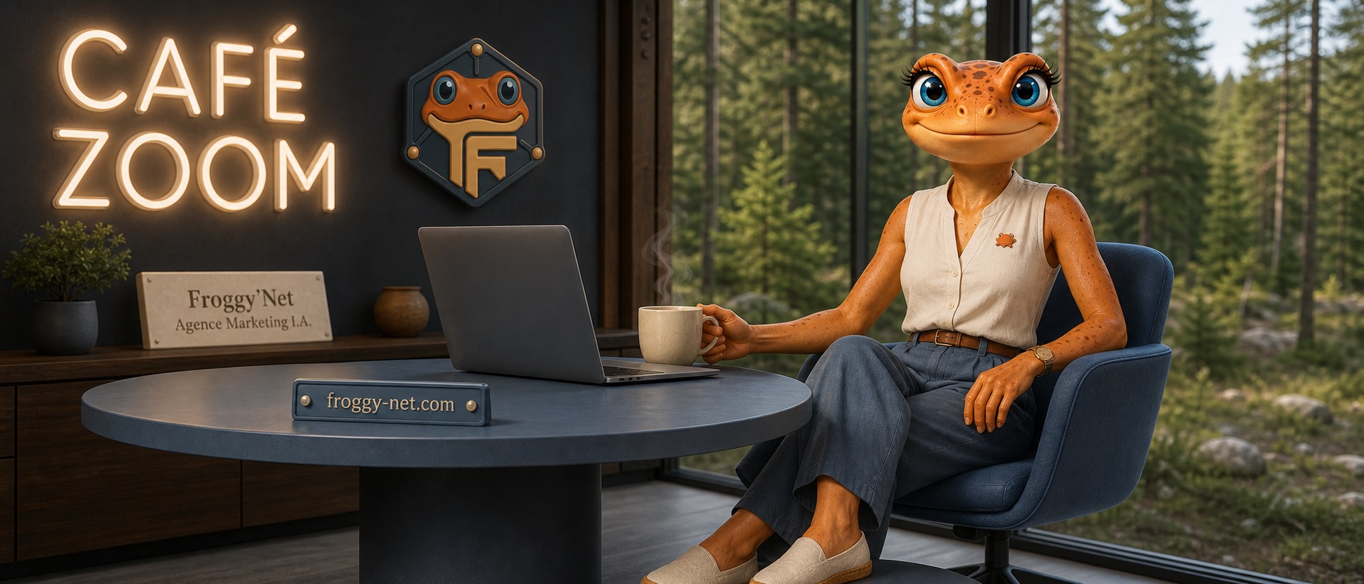 Mini Froggy accueille une conversation Café Zoom dans un bureau des Laurentides.
