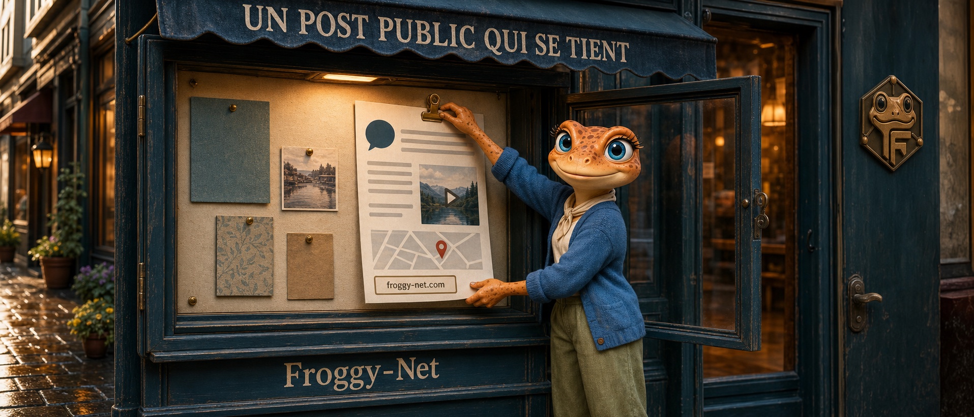 Mini Froggy affiche une publication publique autonome dans une vitrine de quartier.