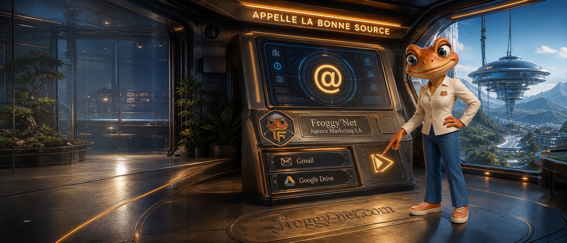 Mini Froggy choisit Gmail ou Google Drive dans un observatoire futuriste.
