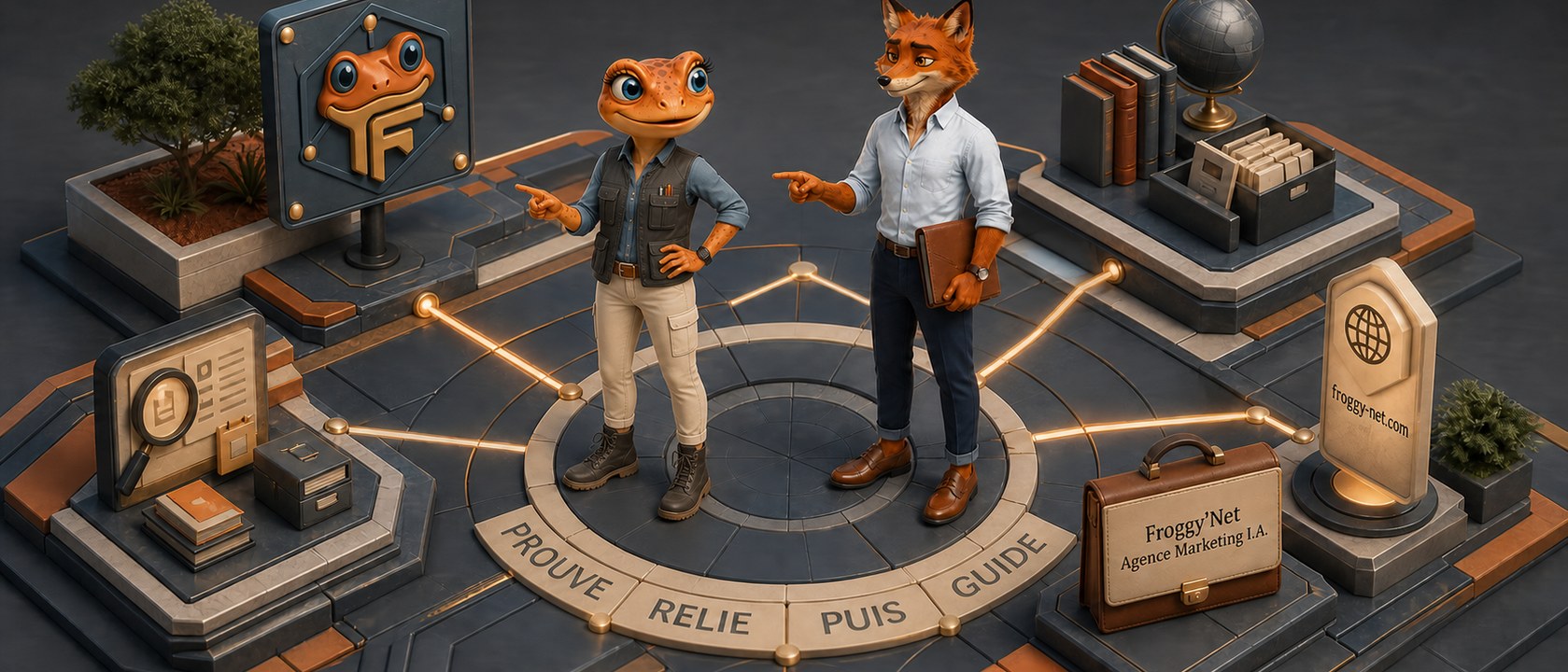 Mini Froggy et Félix relient preuves, sources, liens internes et prochaine action dans une scène isométrique.