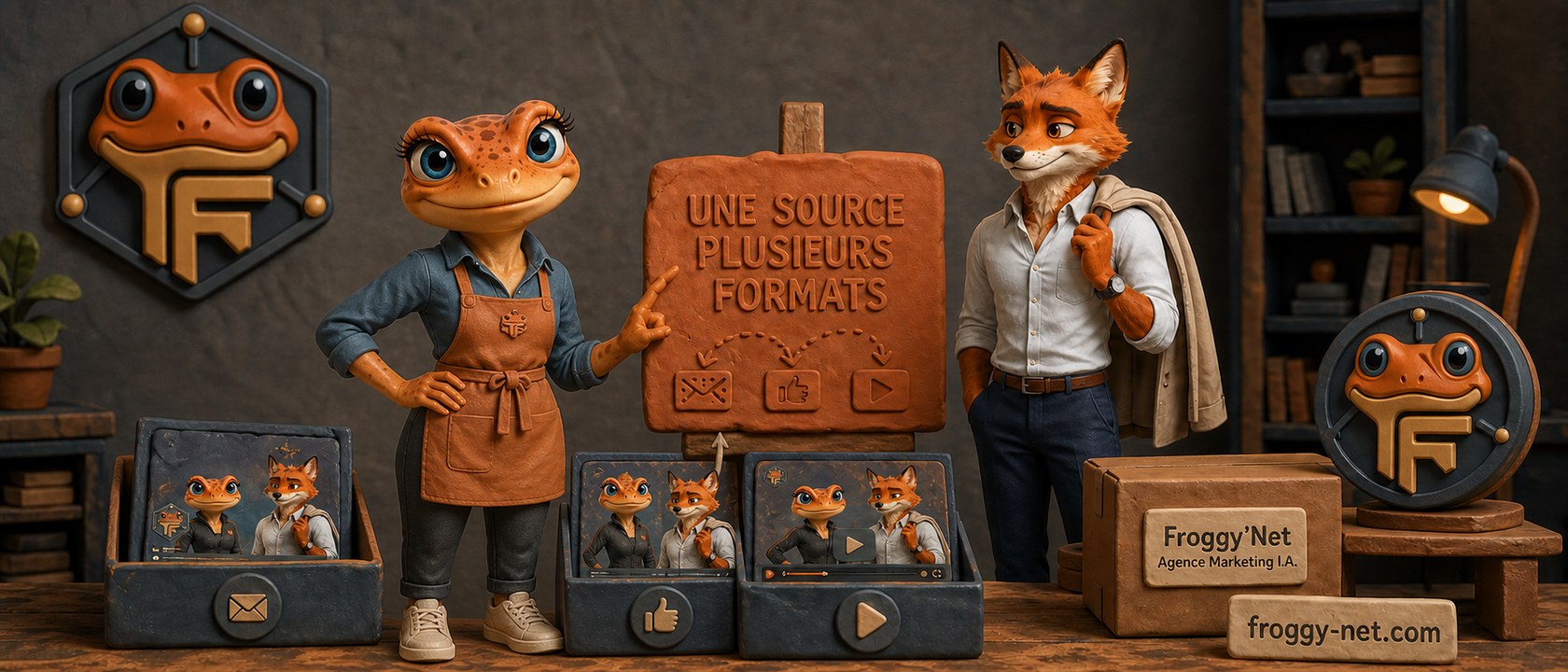 Mini Froggy et Félix transforment une source en plusieurs formats dans un atelier d’argile stop-motion.