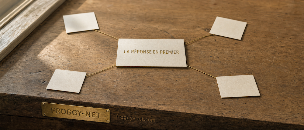 Fiches reliées sur un bureau de bois, la réponse en premier au centre