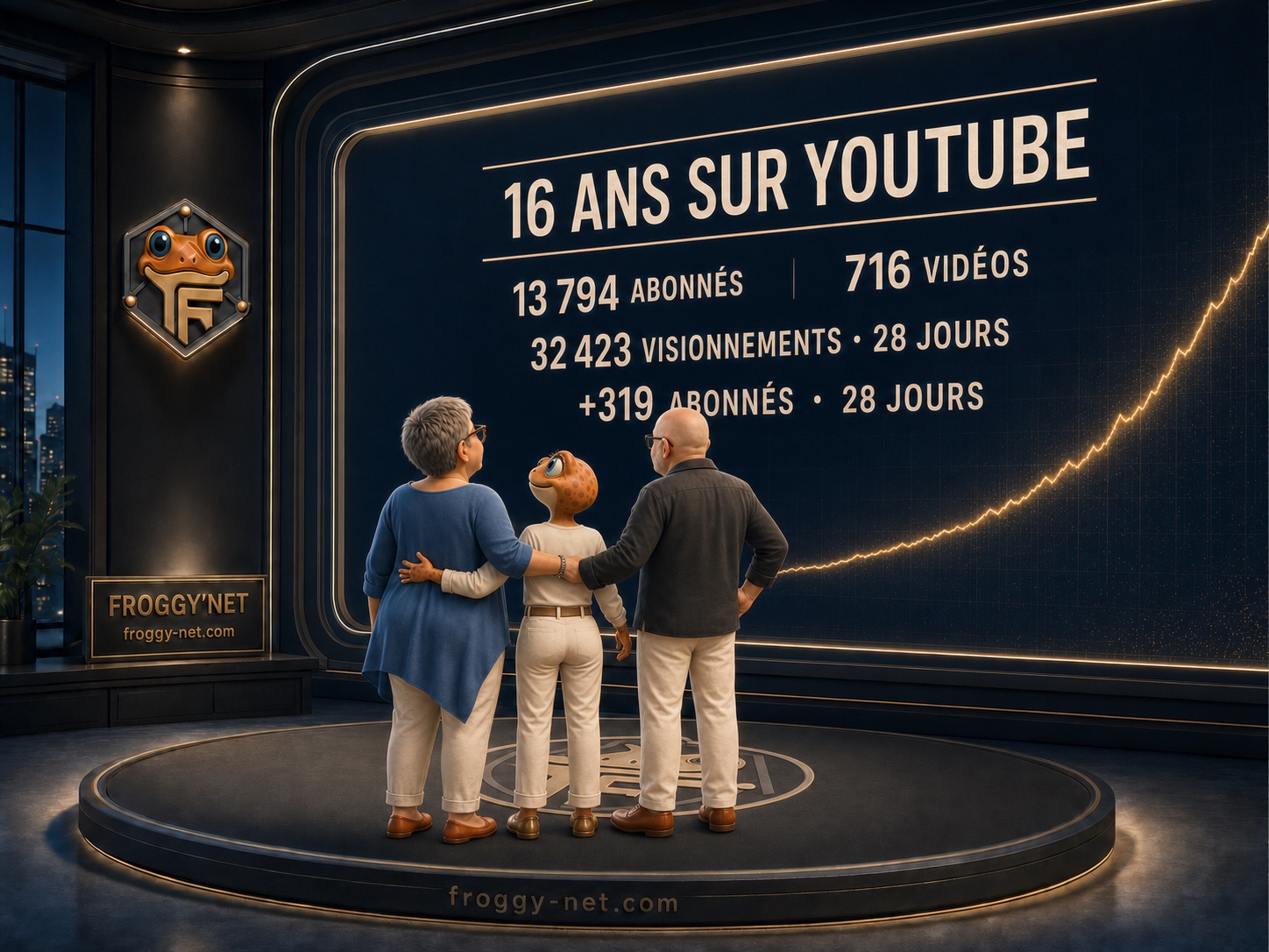 Valérie, Mini Froggy et Daniel regardent fièrement les statistiques des 16 ans de la chaîne YouTube Froggy-Net