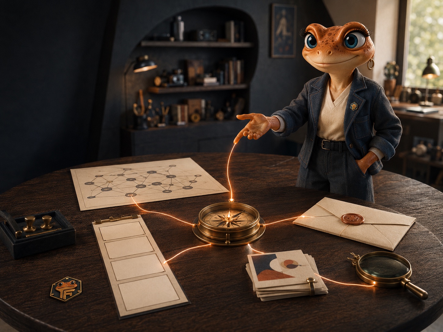Mini Froggy devant une carte de stratégie et un compas lumineux
