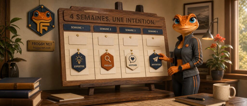 Mini Froggy présente une grille de calendrier éditorial LinkedIn de quatre semaines, avec le message 4 semaines, une intention.