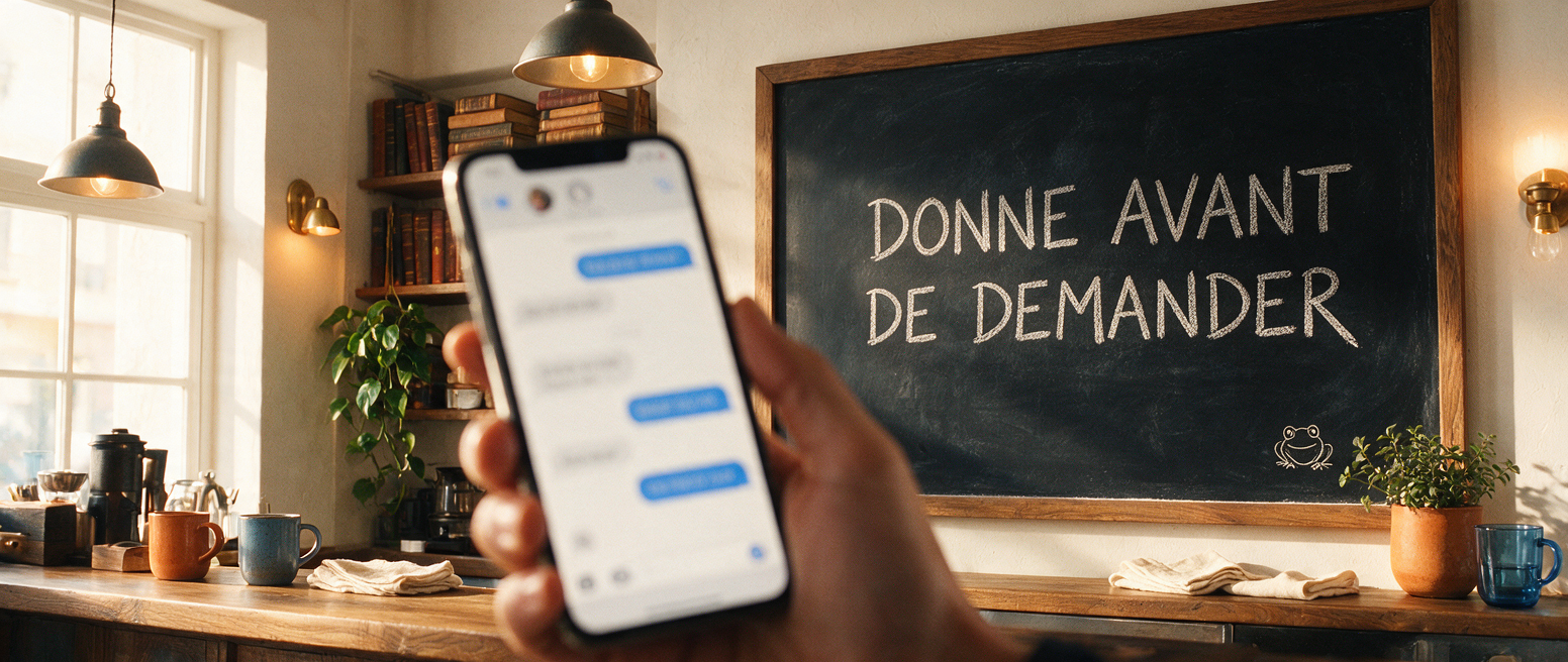 Téléphone montrant un message amical, ardoise « Donne avant de demander », charmer au lieu de vendre