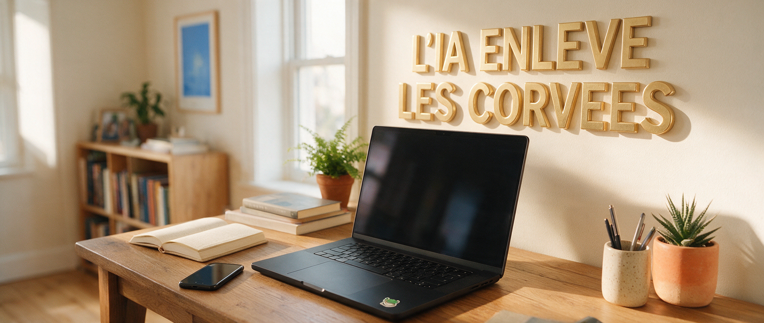 Bureau avec portable, lettrage métal « L IA enlève les corvées », entretenir la relation