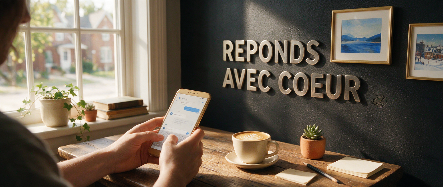 Réponse chaleureuse sur téléphone, lettrage métal « Réponds avec coeur », bâtir la relation