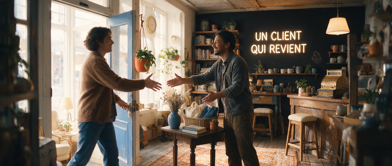 Client accueilli chaleureusement, néon « Un client qui revient », la fidélité vaut plus que la vente