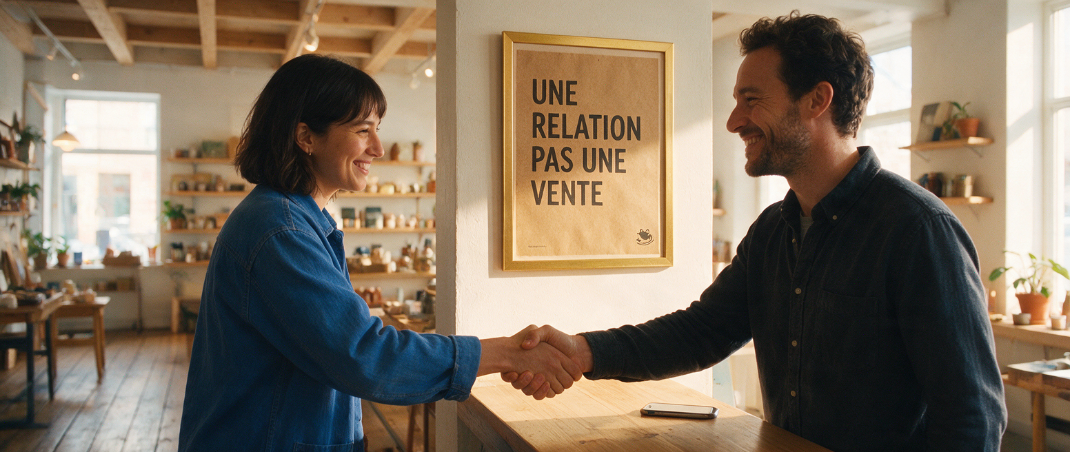 Poignée de main au comptoir, affiche « Une relation pas une vente », transformer un abonné en client fidèle