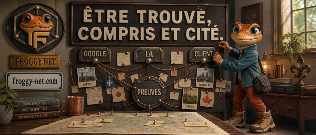 Mini Froggy Teen illustre les trois étapes de la visibilité moderne : être trouvé, compris et cité par Google et les IA.