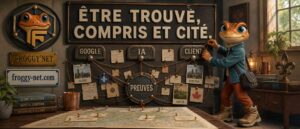 Mini Froggy Teen illustre les trois étapes de la visibilité moderne : être trouvé, compris et cité par Google et les IA.