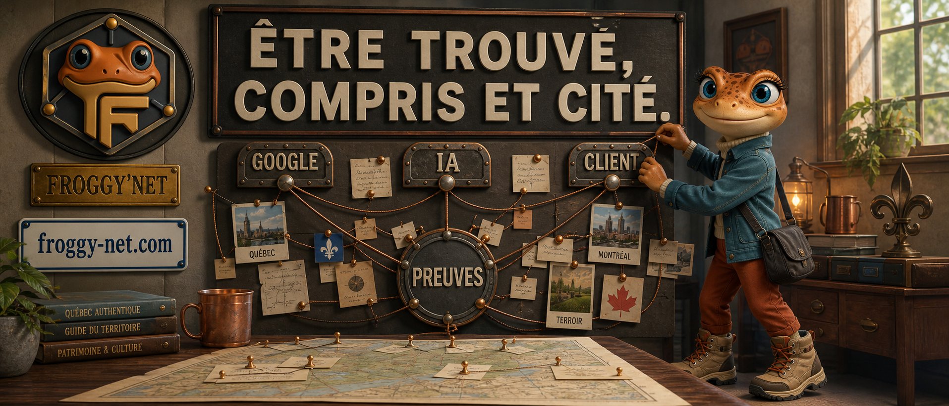 Mini Froggy Teen illustre les trois étapes de la visibilité moderne : être trouvé, compris et cité par Google et les IA.