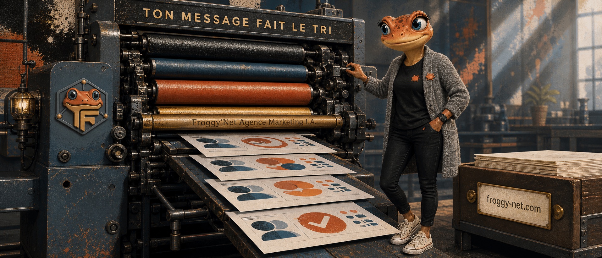 Une presse risographique aide Mini Froggy à filtrer son message.