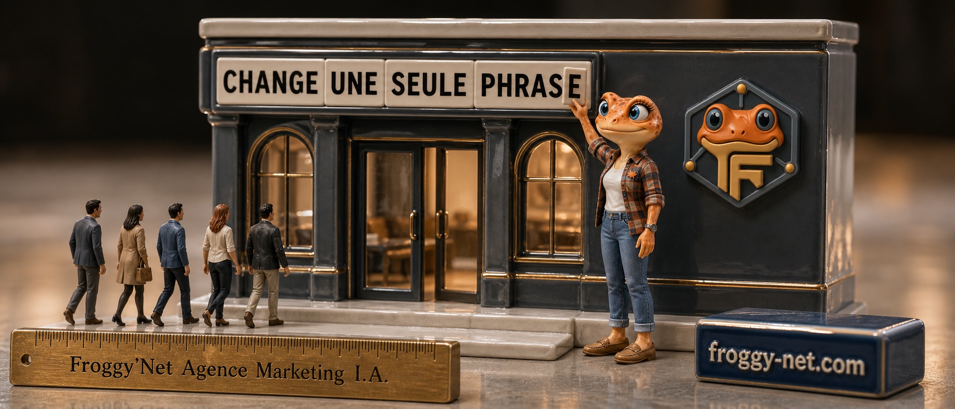Mini Froggy change une phrase dans un diorama de porcelaine.