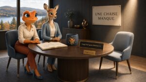 Mini et Laura regardent la chaise vide d’un codécideur après un Zoom client
