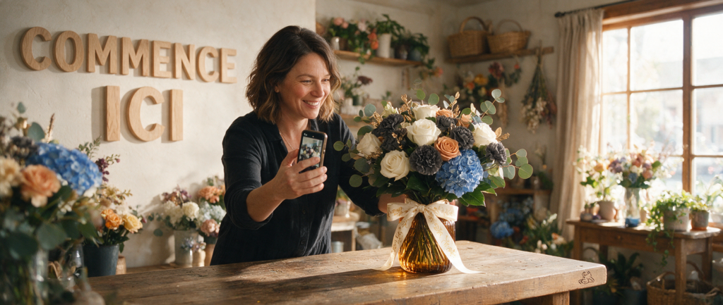Fleuriste québécoise stylise une photo produit au téléphone, enseigne bois « Commence ici »