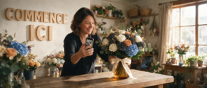 Fleuriste québécoise stylise une photo produit au téléphone, enseigne bois « Commence ici »