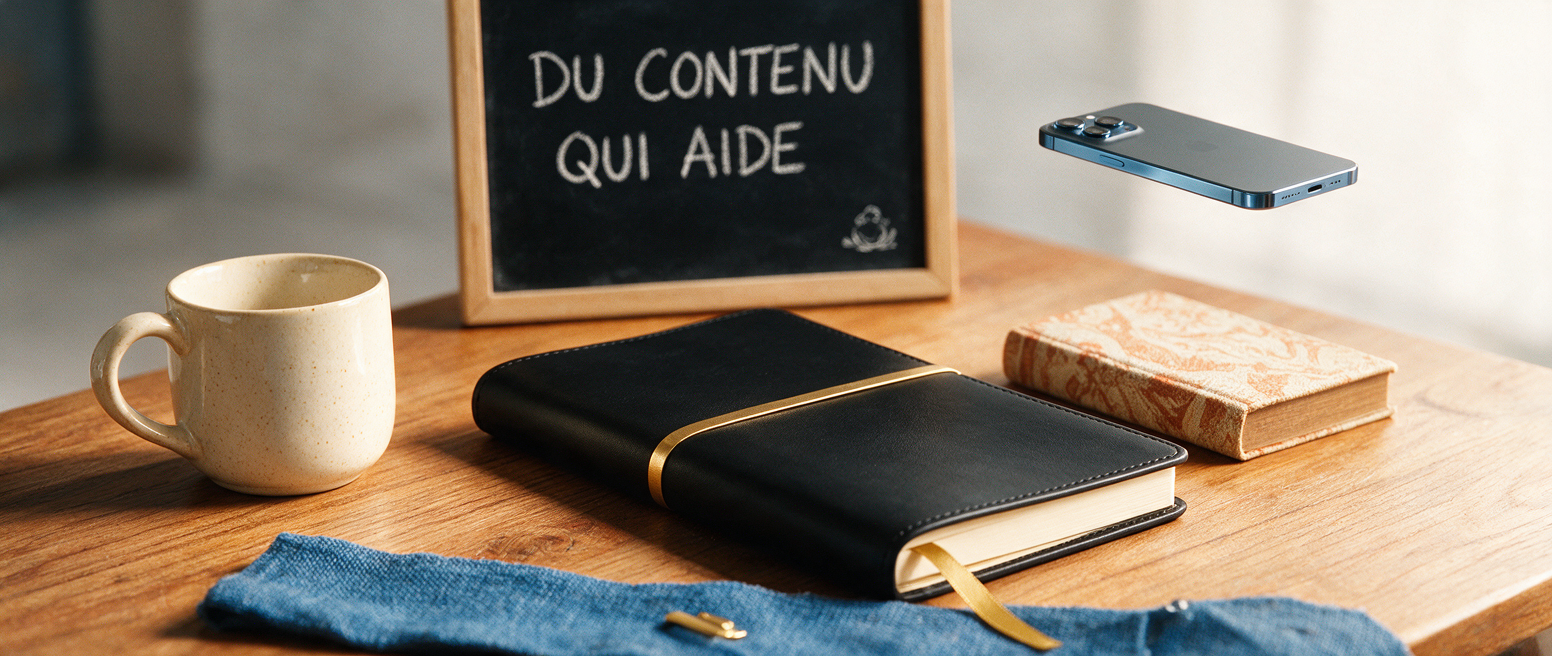 Flat-lay produit et ardoise « Du contenu qui aide », types de publications pour une PME