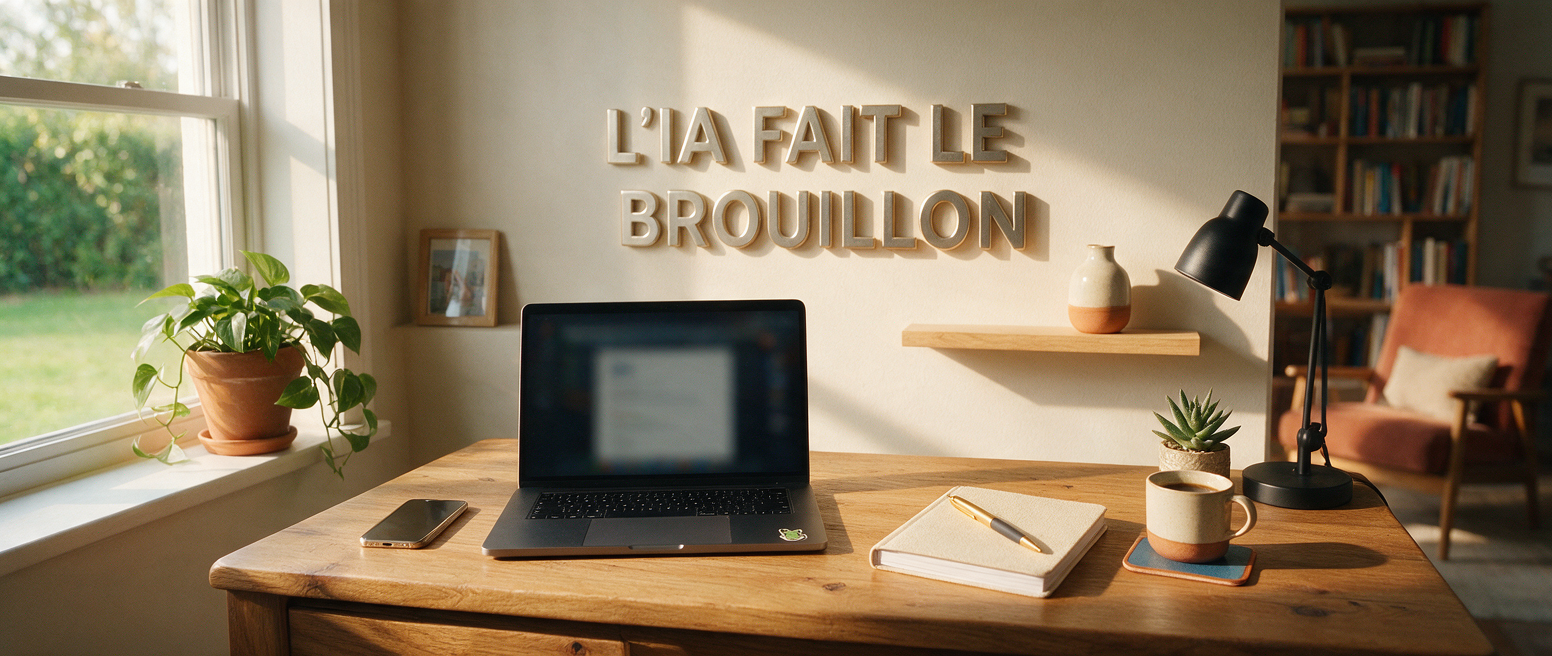 Bureau avec portable et lettrage métal « L IA fait le brouillon », l IA nourrit ton Instagram