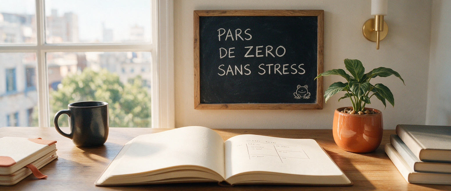 Départ à zéro sur Instagram, ardoise « Pars de zéro sans stress », bureau avec plan simple