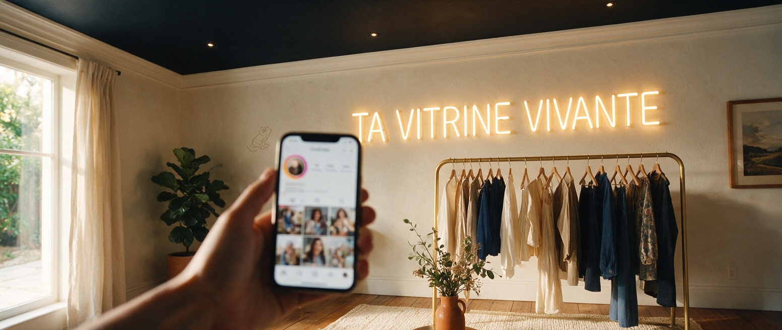 Téléphone montrant un profil Instagram, néon « Ta vitrine vivante », Instagram pour une entreprise