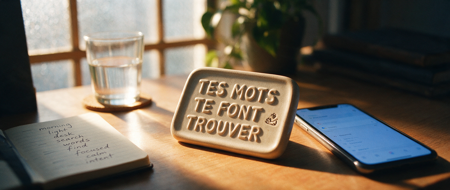 Téléphone en recherche et plaque « Tes mots te font trouver », Instagram moteur de recherche