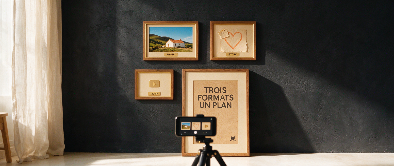 Trois cartes format et affiche « Trois formats un plan », feed Stories Reels
