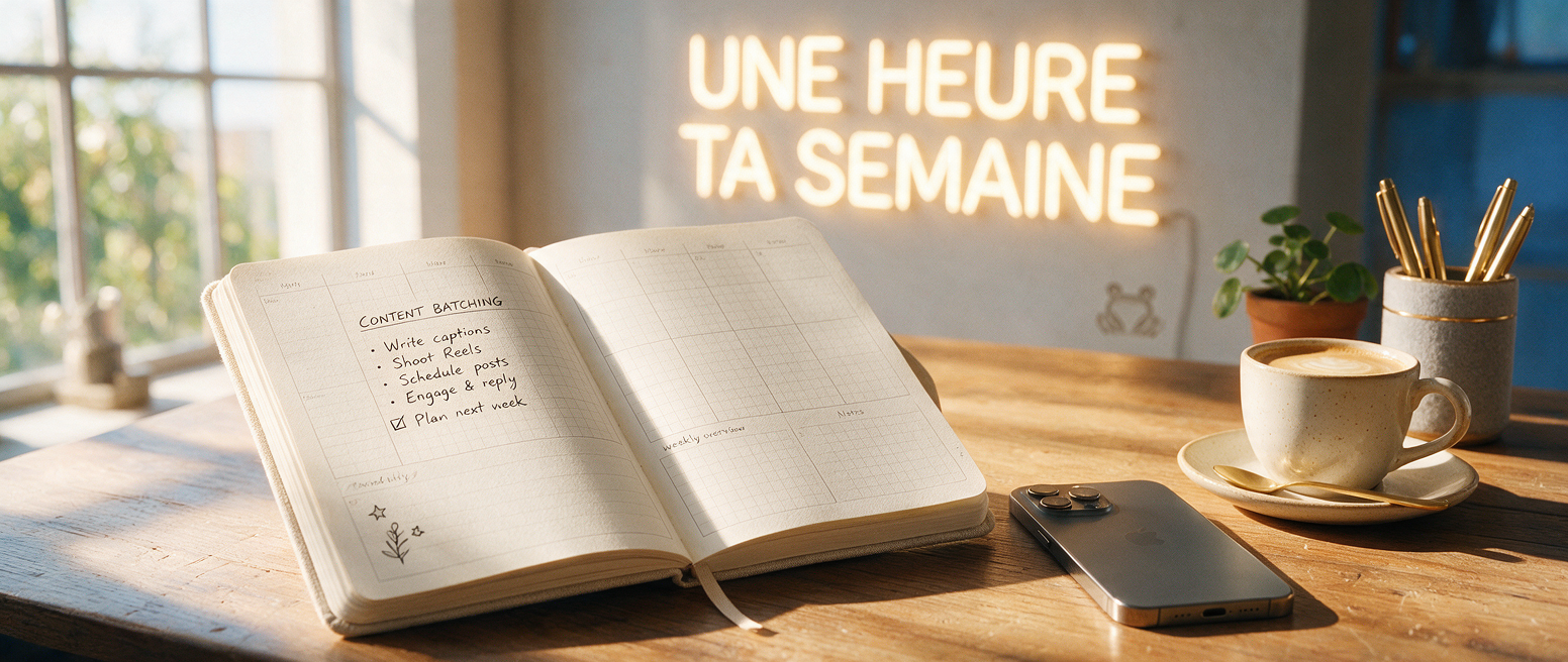Agenda hebdo et téléphone, néon « Une heure ta semaine », créer son contenu en lot