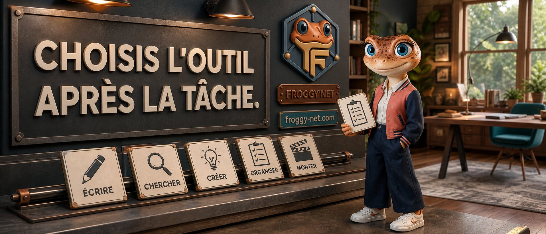 Mini Froggy Teen choisit un outil IA après avoir identifié la tâche : écrire, chercher, créer, organiser ou monter.
