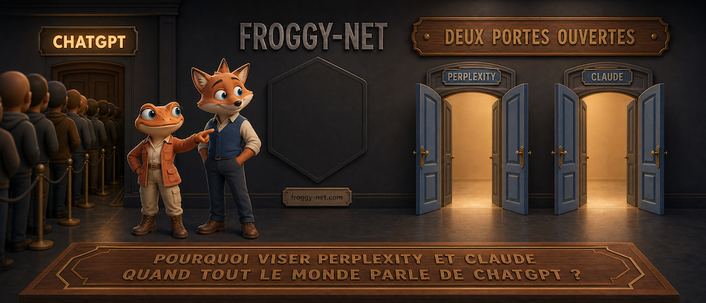 Deux portes ouvertes vers Perplexity et Claude pendant que la file attend devant ChatGPT