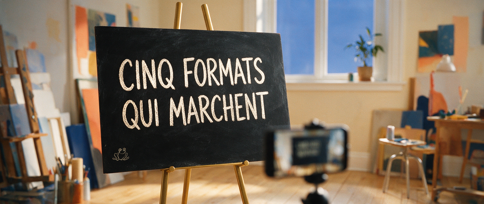 Tableau noir « Cinq formats qui marchent » dans un atelier, types de Reels pour une PME