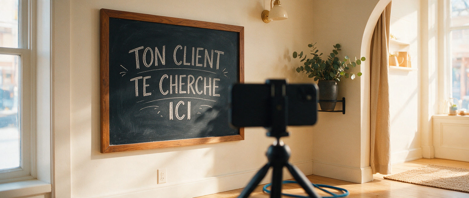Ardoise « Ton client te cherche ici » dans un commerce québécois, réseaux sociaux devenus moteur de recherche