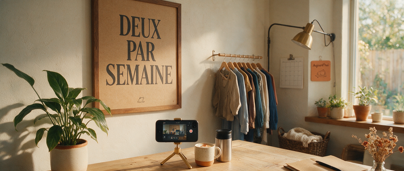 Calendrier mural et téléphone sur trépied, affiche « Deux par semaine » pour une cadence tenable