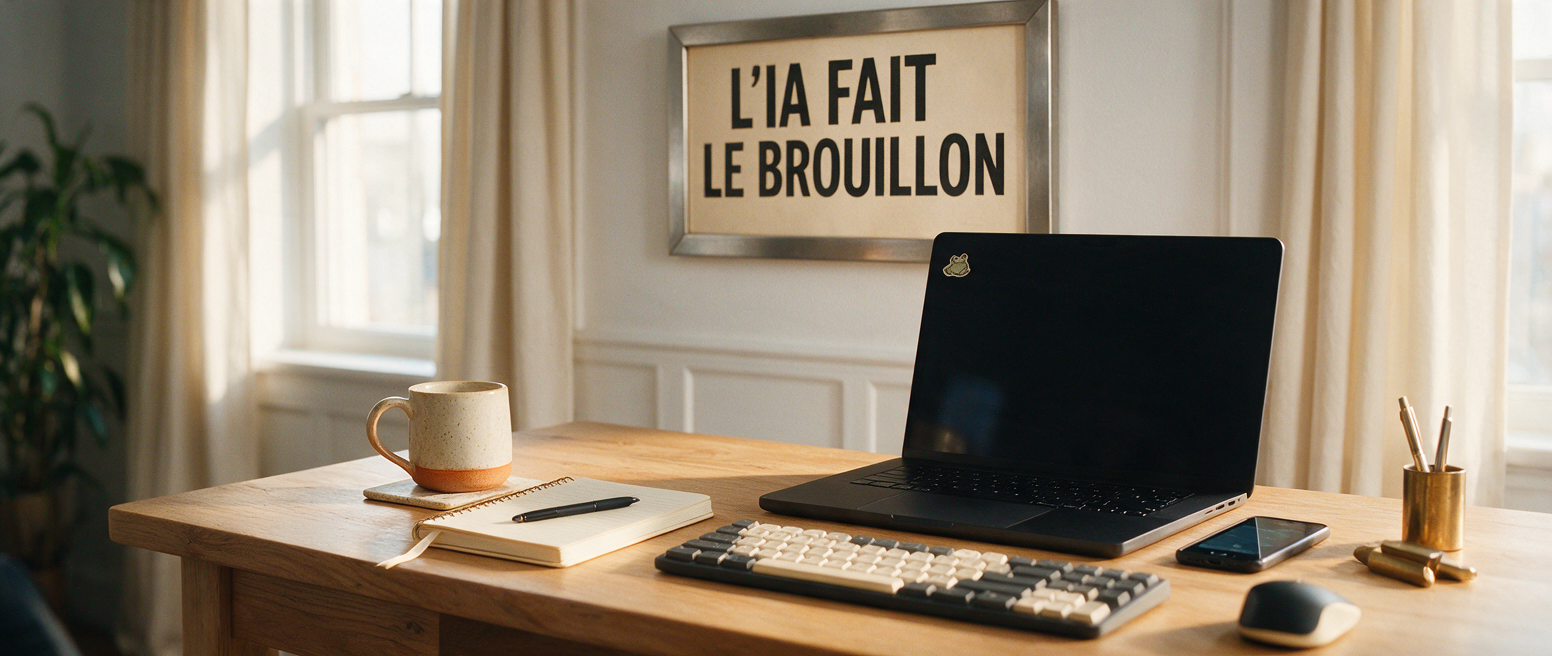 Bureau avec portable et affiche « L IA fait le brouillon », collaborer avec l IA pour produire ses Reels