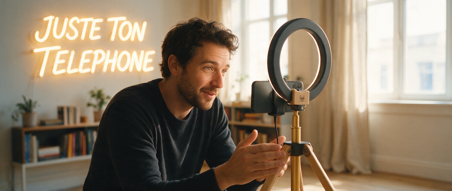 Entrepreneure filme un Reel avec un téléphone et une ring light, enseigne néon « Juste ton téléphone »