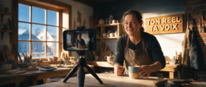 Artisane québécoise filme des Reels pour ta PME au téléphone, enseigne bois Ton Reel Ta Voix