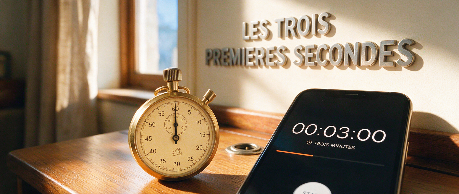 Chronomètre et téléphone, lettrage métal « Les trois premières secondes » pour l accroche d un Reel