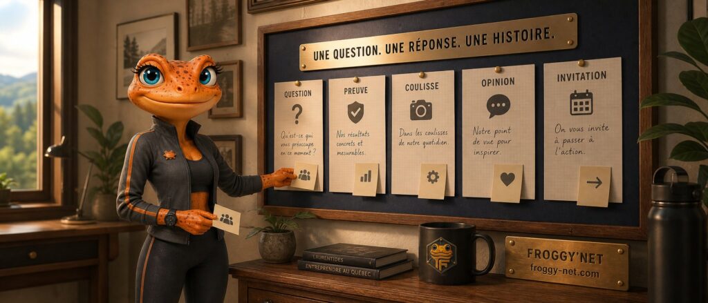 Mini Froggy présente la stratégie de réseaux sociaux : une question, une réponse, une histoire.