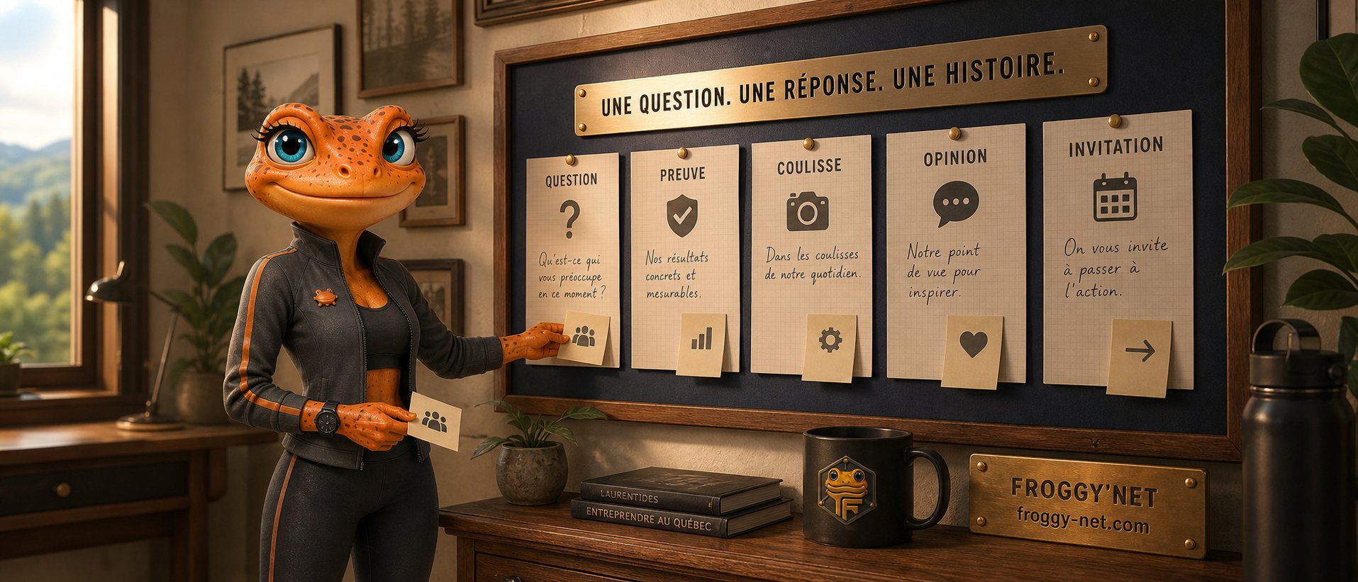 Mini Froggy présente la stratégie de réseaux sociaux : une question, une réponse, une histoire.