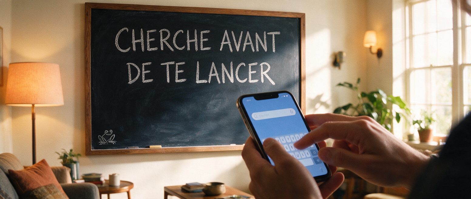 Personne cherche dans TikTok, ardoise « Cherche avant de te lancer » pour valider si ton client y est