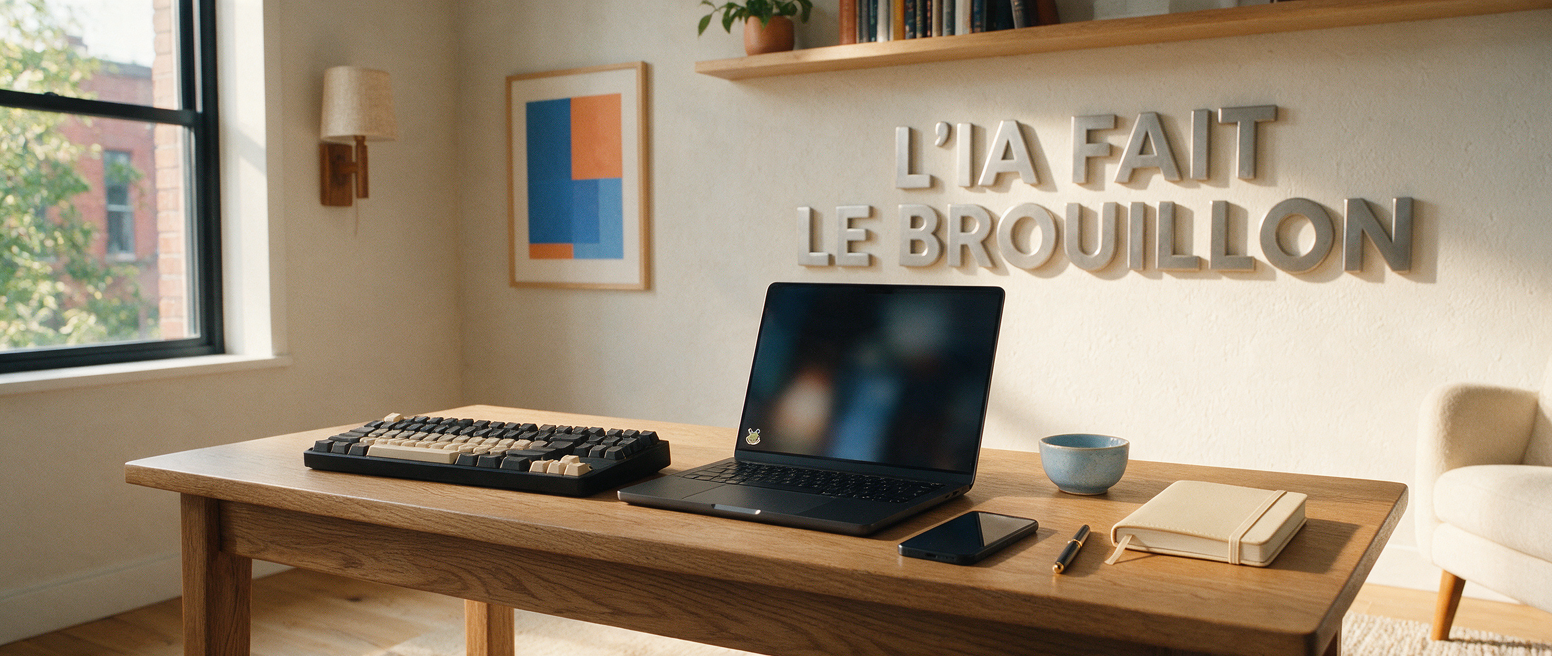 Bureau avec portable et lettrage métal « L IA fait le brouillon », l IA aide à tenir la cadence