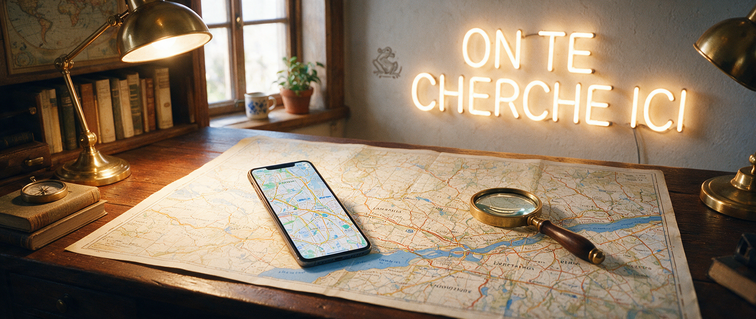 Téléphone sur une carte du Québec, néon « On te cherche ici », TikTok moteur de recherche local