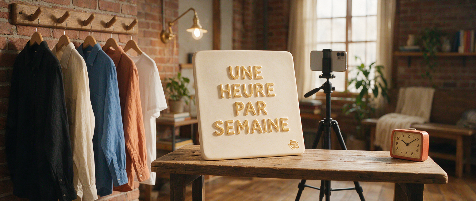 Séance de tournage en lot avec plusieurs chandails, plaque « Une heure par semaine »
